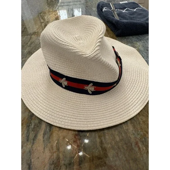 Vince Camuto Straw Fedora Hat Bee Band Ivory Summer Beach Resort OS NWT - Picture 2 of 7